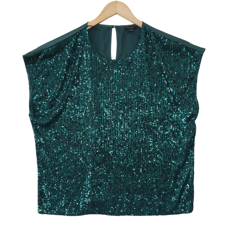Halogen Womens‎ XL Emerald Green Sequin Back Keyhole Top Holiday Blouse Festive